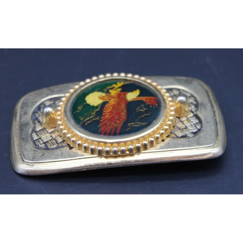 Vintage Brass Rectangle Belt Buckle Enamel Eagle Emblem Made in USA